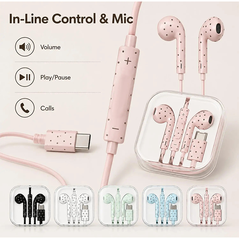 Wired Earphone Mic - Type C Earphones Polka Dot Star